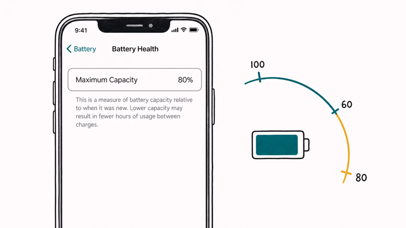 iPhone Battery Health screen showing maximum capacity at eighty percent