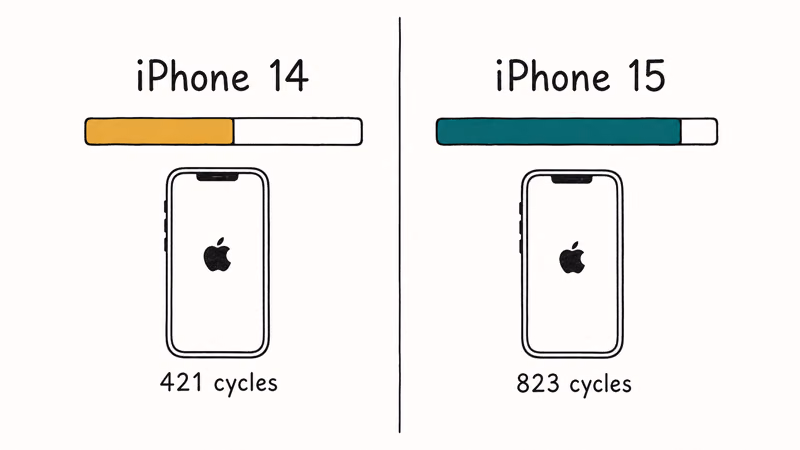 Comparison of iPhone 14 and iPhone 15 charge cycle ratings at eighty percent