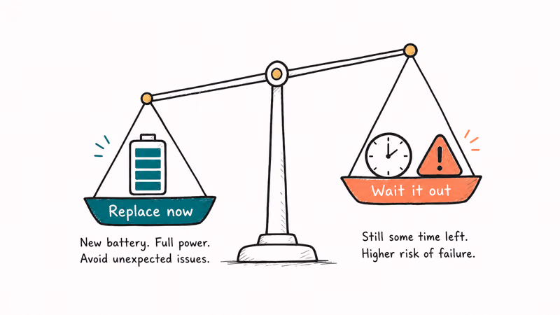 Balance scale weighing replacing an iPhone battery now versus waiting longer