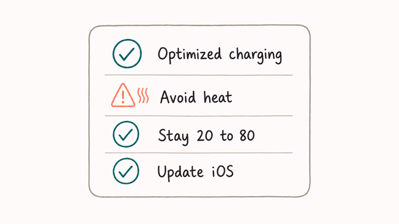 Checklist of four settings habits that slow iPhone battery health decline