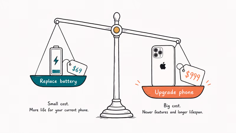 Balance scale weighing an iPhone battery replacement against buying a new phone