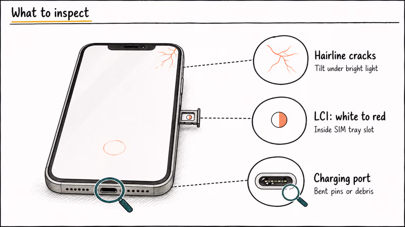 Annotated iPhone diagram showing hairline cracks liquid contact indicator and charging port inspection points