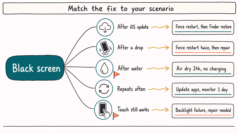 Decision flow diagram matching iPhone black screen scenarios to recommended fixes and repair paths