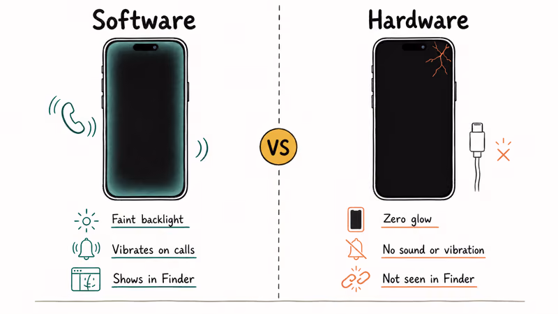 Hand-drawn comparison of software crash versus hardware failure symptoms on a black iPhone screen