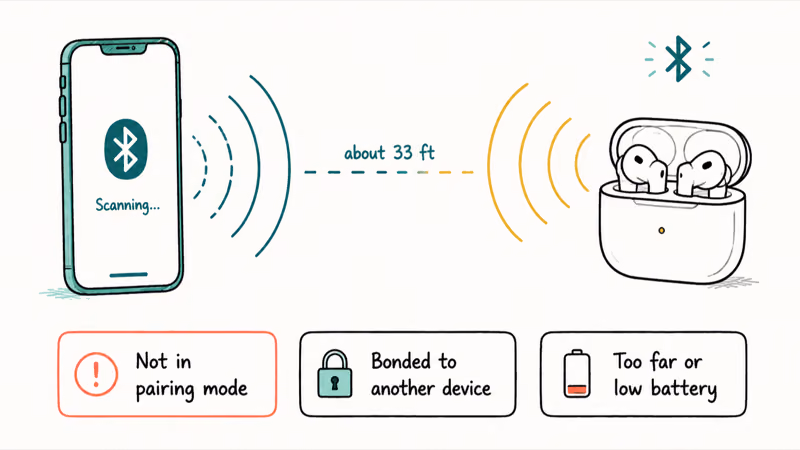 An iPhone scanning toward a Bluetooth accessory with three labeled cards listing common discovery failures