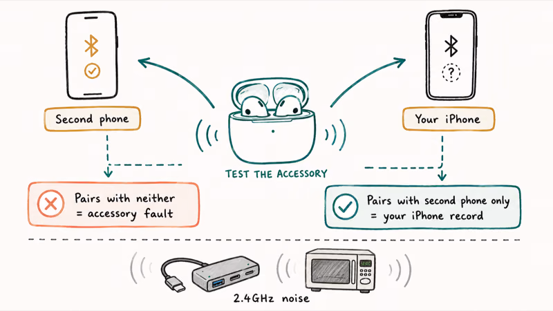 A Bluetooth accessory tested against a second phone and your iPhone to find which side blocks pairing