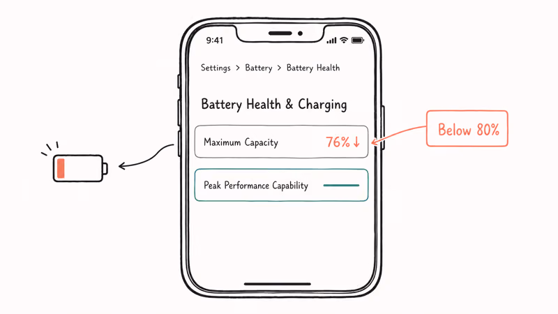 Battery Health screen highlights 76 percent capacity below service threshold
