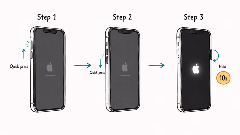 Three iPhone illustrations showing the Volume Up, Volume Down, and Side button force restart sequence.