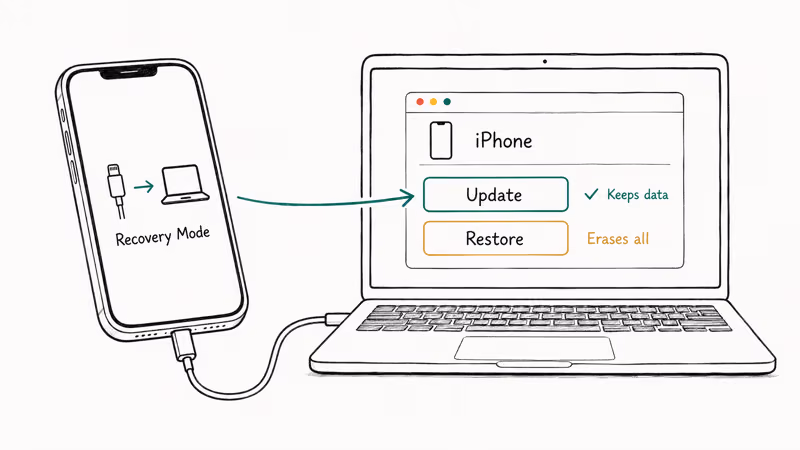 iPhone in Recovery Mode connected to a laptop showing Finder Update and Restore choices.