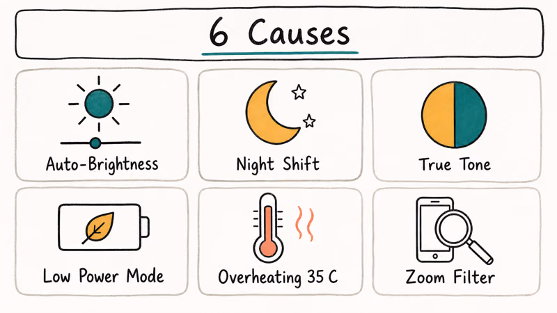 Six common iPhone dimming causes shown as labeled icons in hand-drawn checklist