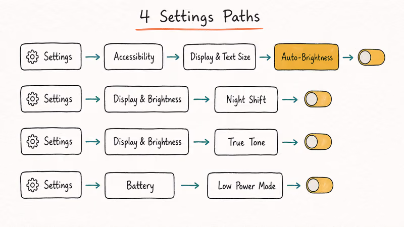 iPhone Settings navigation paths to Auto-Brightness, Night Shift, True Tone, Low Power toggles
