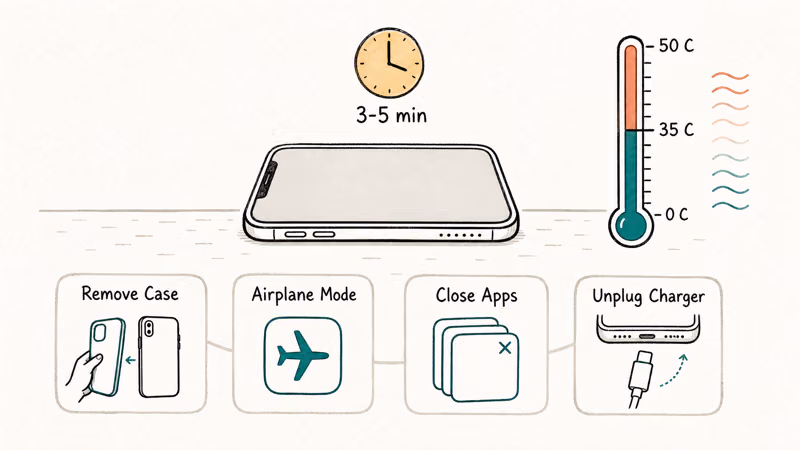 iPhone overheating illustration showing 35 Celsius threshold with cooldown actions like remove case