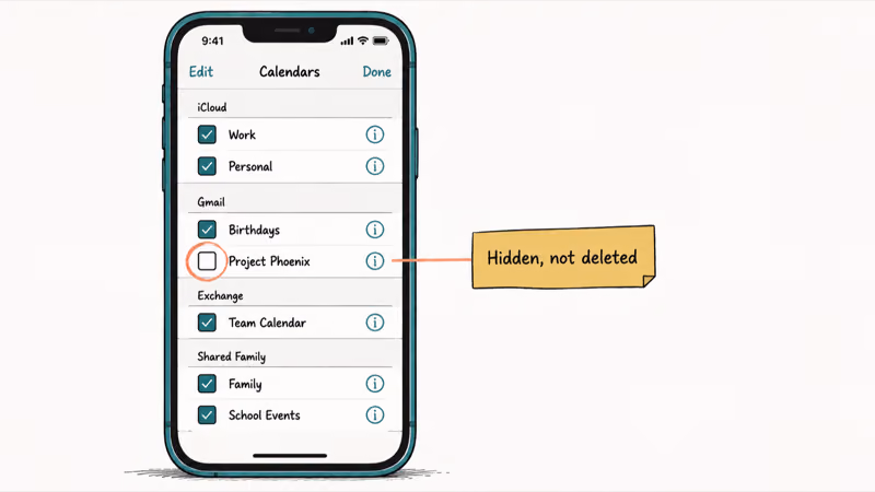 Calendar accounts list showing iCloud Gmail and Exchange with one unchecked hidden calendar