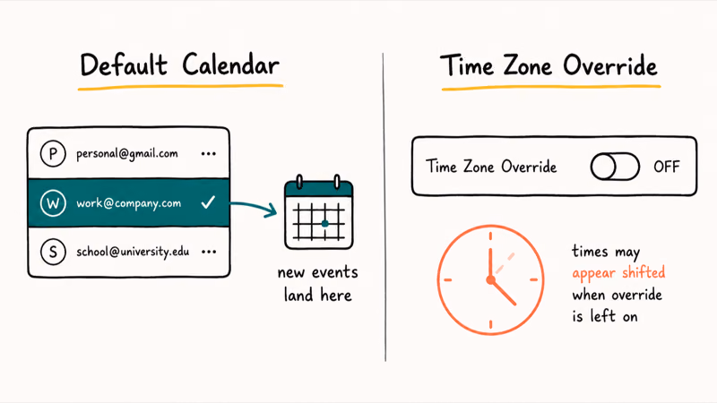 Default Calendar and Time Zone Override settings that quietly hide newly created events