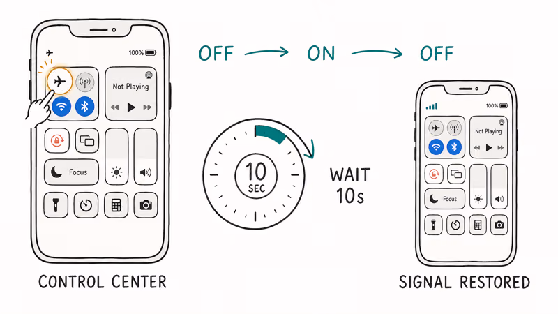 Control Center Airplane Mode tile shows ten-second cellular reset timer