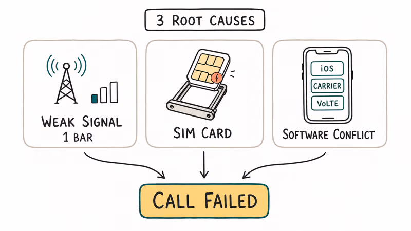 Diagram shows weak signal, SIM issues, and software conflicts causing call failures