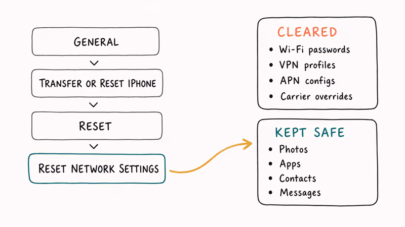 Reset Network Settings path shows cleared items and safe data