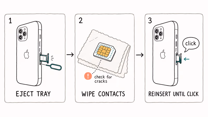SIM tray sequence shows eject, contact wipe, and reinsertion click
