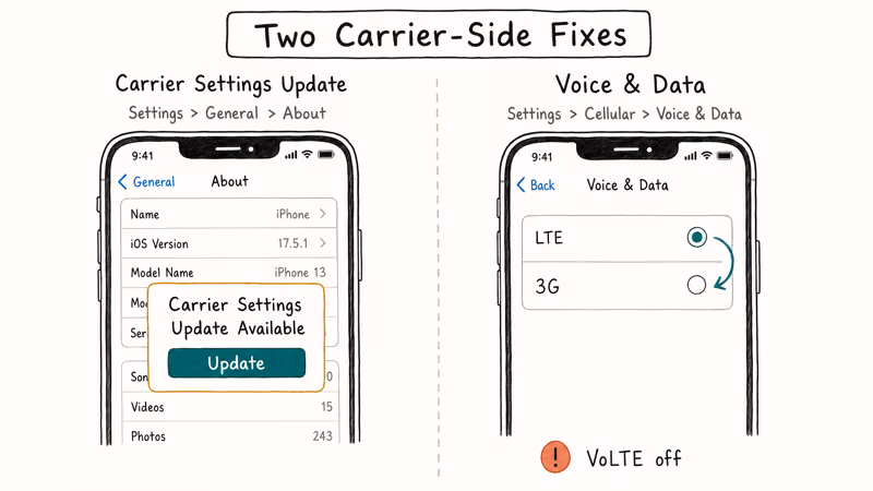 Two iPhone screens compare carrier update prompt and Voice Data toggle