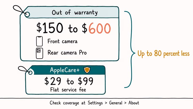 iPhone camera repair pricing tiers showing out-of-warranty cost range versus AppleCare+ flat service fee