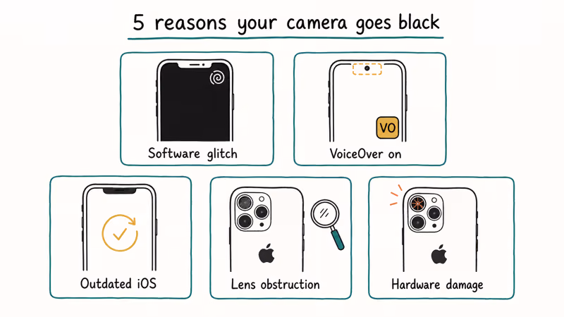 Five causes of iPhone camera black screen shown as labeled diagnostic icons with hand-drawn iPhones
