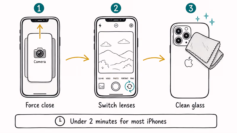 Three quick iPhone camera fixes shown in sequence force close switch lenses and clean lens