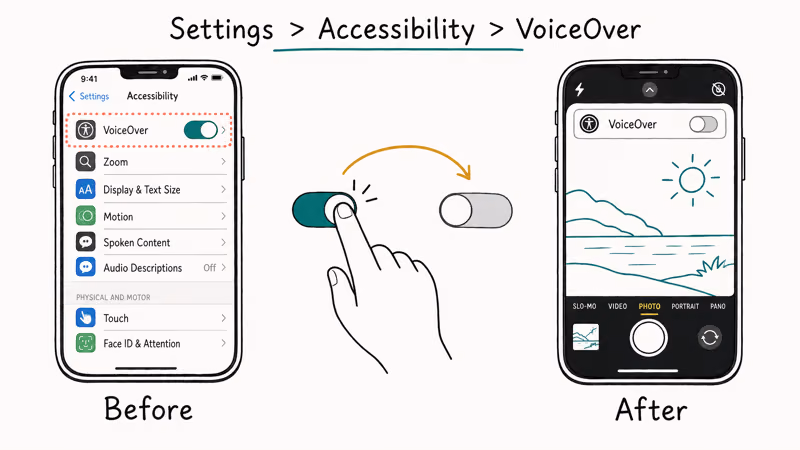 iPhone Settings showing VoiceOver toggle being switched off and Camera app viewfinder unblocked after change