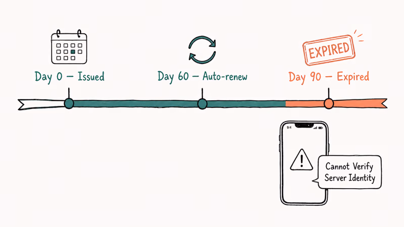 Timeline showing 90-day SSL certificate renewal cycle and expiration triggering iPhone email errors