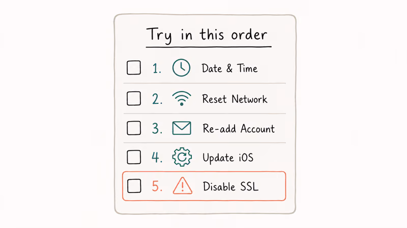Checklist showing five iPhone fixes for server identity error from quickest to last resort