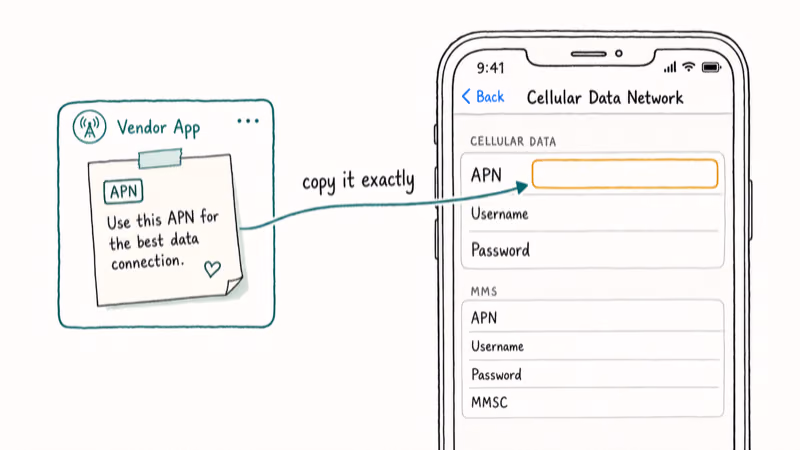 Hand-drawn Cellular Data Network screen with APN field copied from eSIM vendor app