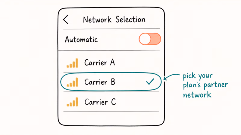 Network selection screen sketch with Automatic off and a foreign carrier chosen manually