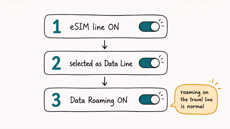 Numbered checklist showing travel eSIM line on, data line selected, Data Roaming enabled