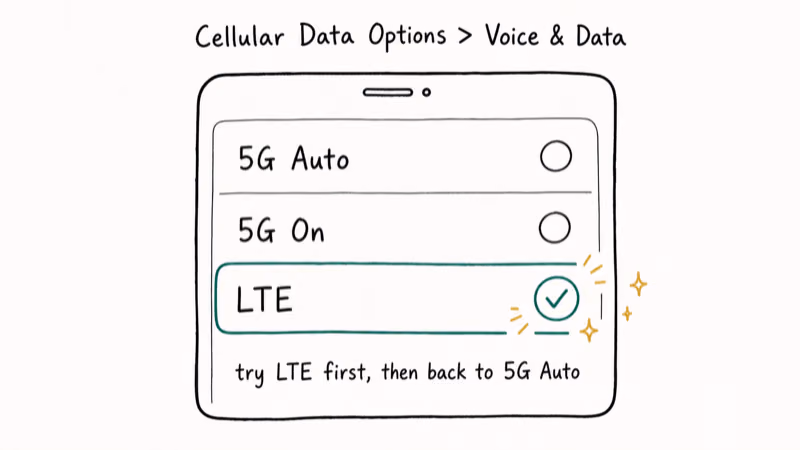 Voice and Data settings sketch showing 5G Auto, 5G On, and LTE options
