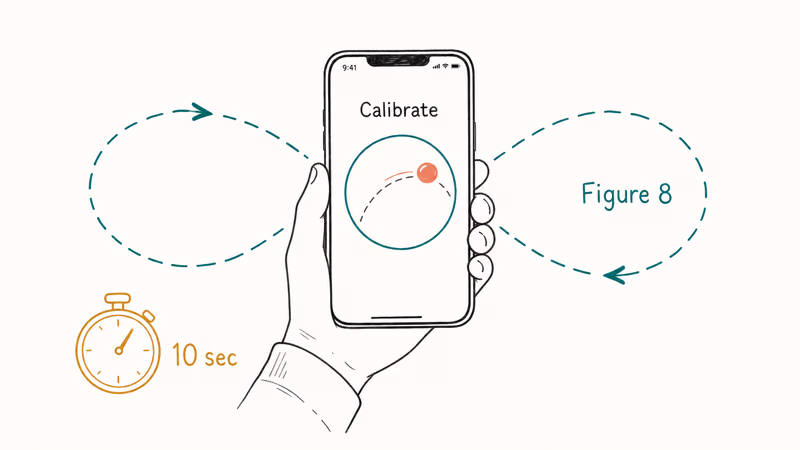 Hand holding iPhone tracing figure-eight motion with compass calibration ball visible on screen during recalibration