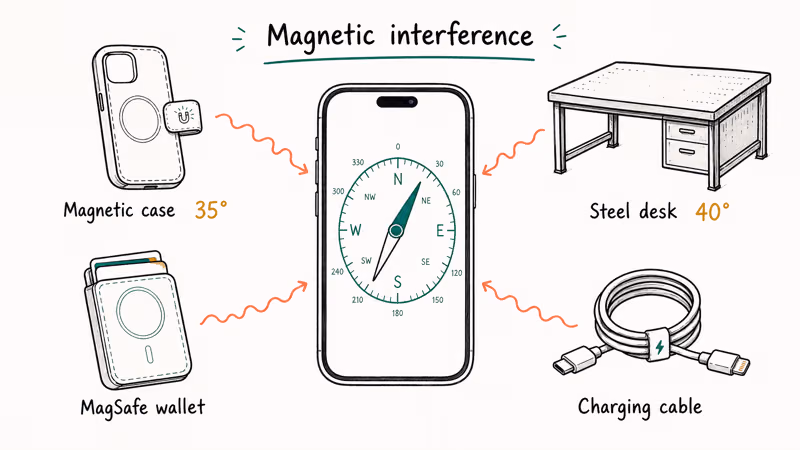 iPhone compass diagram shows magnetic case, desk, wallet, and cable interference
