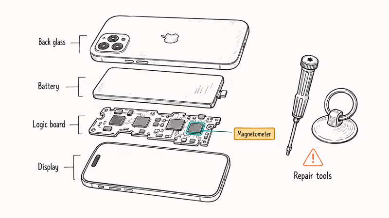Exploded iPhone highlights magnetometer chip beside repair screwdriver