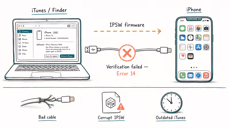 Diagram shows iTunes firmware transfer failing verification with Error 14