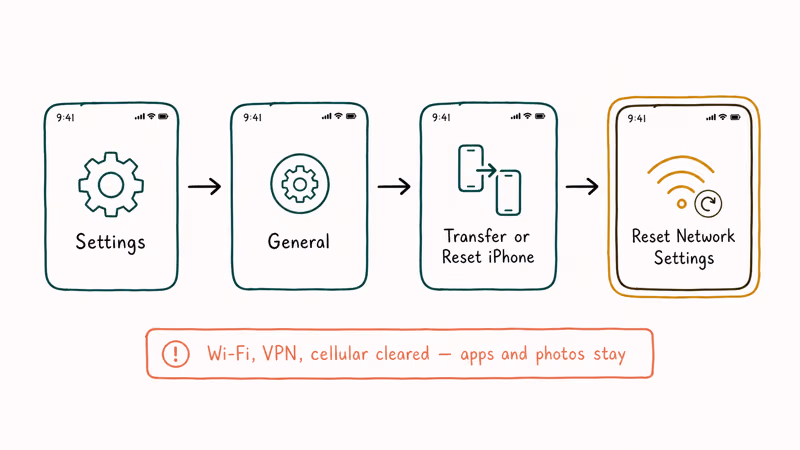 Settings breadcrumb shows Reset Network Settings and cleared items