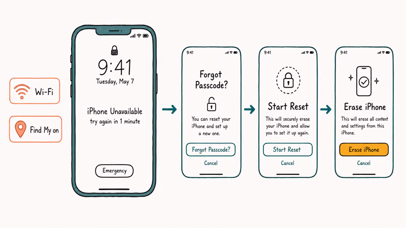 iPhone lock screen Forgot Passcode reset steps erasing a disabled phone without computer