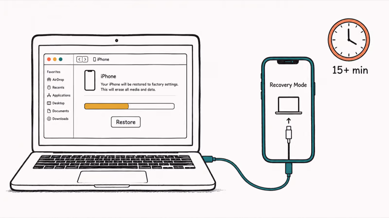 iPhone connected to a laptop entering recovery mode to restore the disabled device