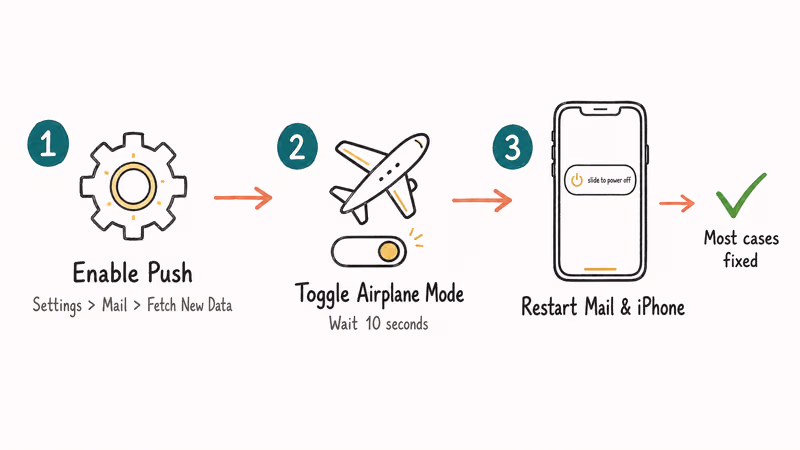Three-step flowchart showing Push enable, Airplane Mode toggle, and iPhone restart fixes