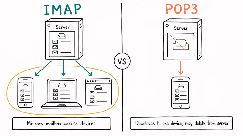 Hand-drawn IMAP versus POP3 comparison showing email sync across devices versus single-device download.