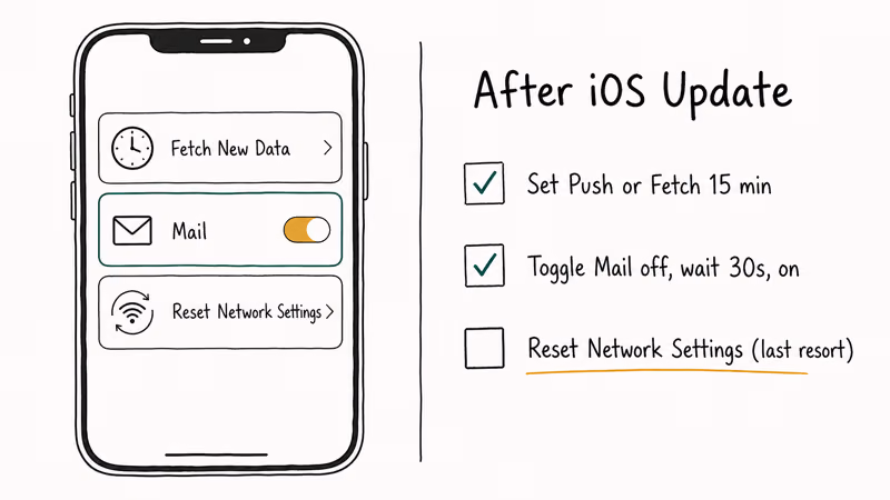 Hand-drawn iPhone settings panel beside a three-item checklist for restoring Mail after iOS updates.