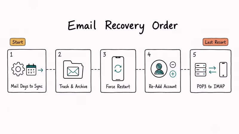 Hand-drawn five-step ladder of iPhone email recovery fixes ordered from fastest to last resort.