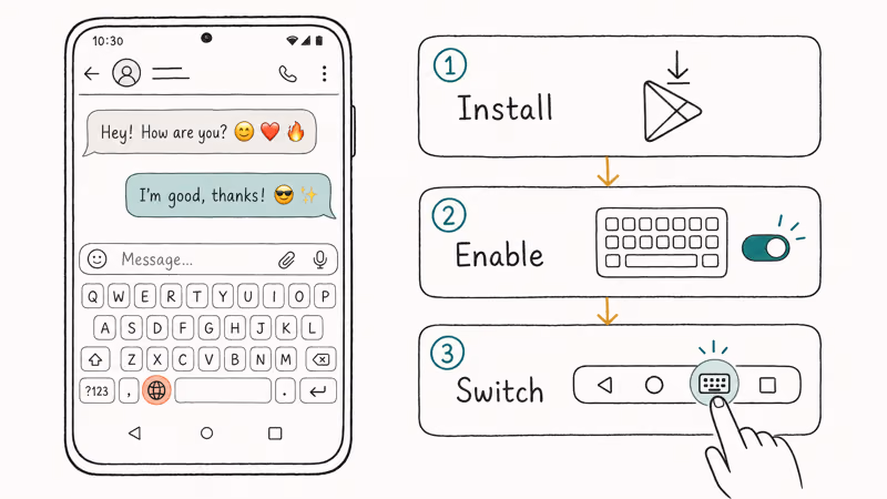 Three-step guide shows emoji keyboard install, settings enable, and chat switch