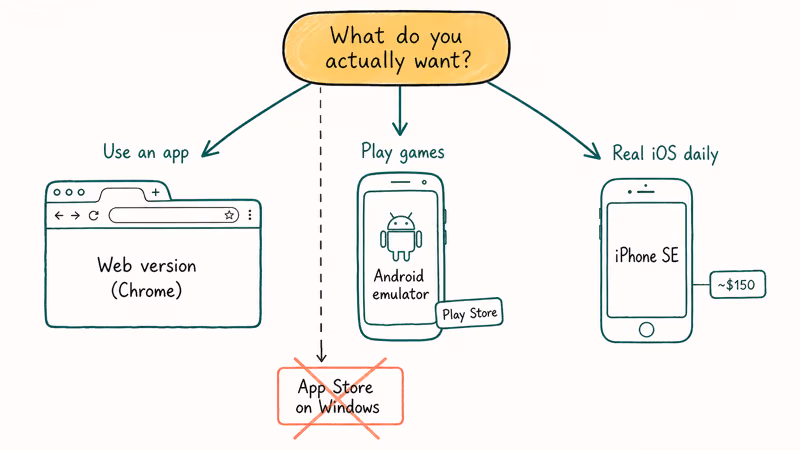 Flowchart routes users to web apps, Android emulator, or used iPhone