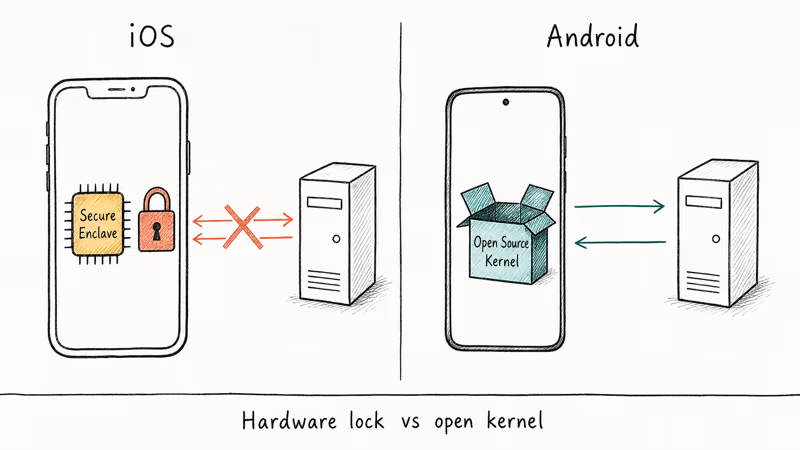 Hand-drawn diagram comparing iOS Secure Enclave lockdown with Android open source kernel for Windows emulation