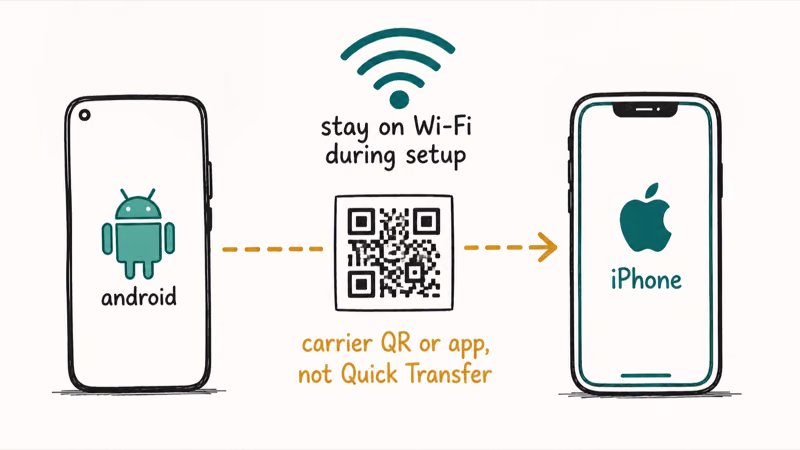 Android phone and iPhone paired by QR code for eSIM transfer over Wi-Fi