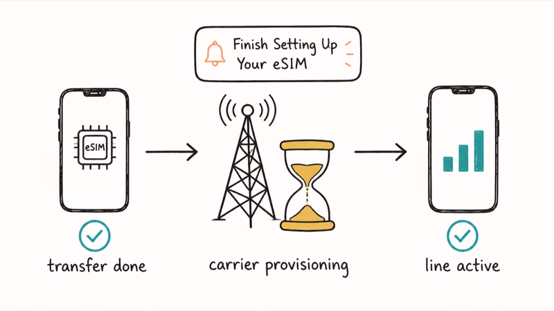 Timeline of eSIM transfer moving through carrier provisioning before cellular data works