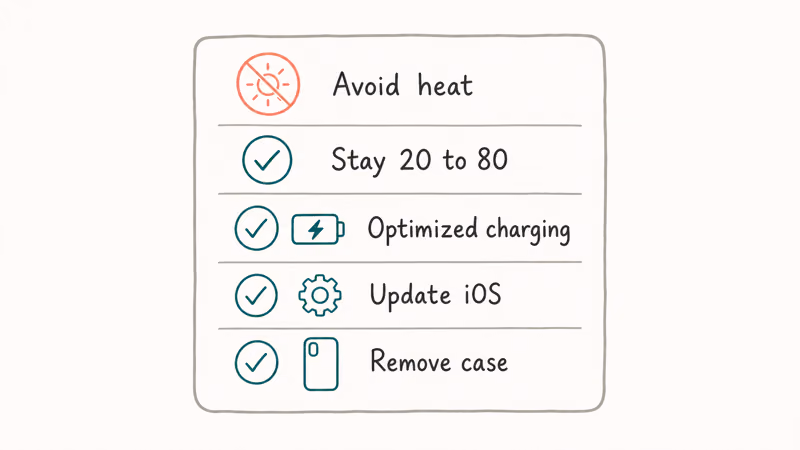 Checklist of five habits that protect iPhone battery health during charging